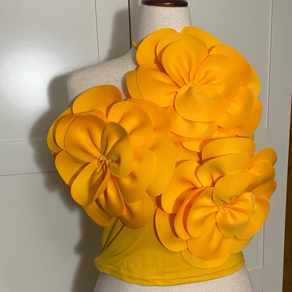Yellow Floral Appliqué One-Shoulder Crop Top